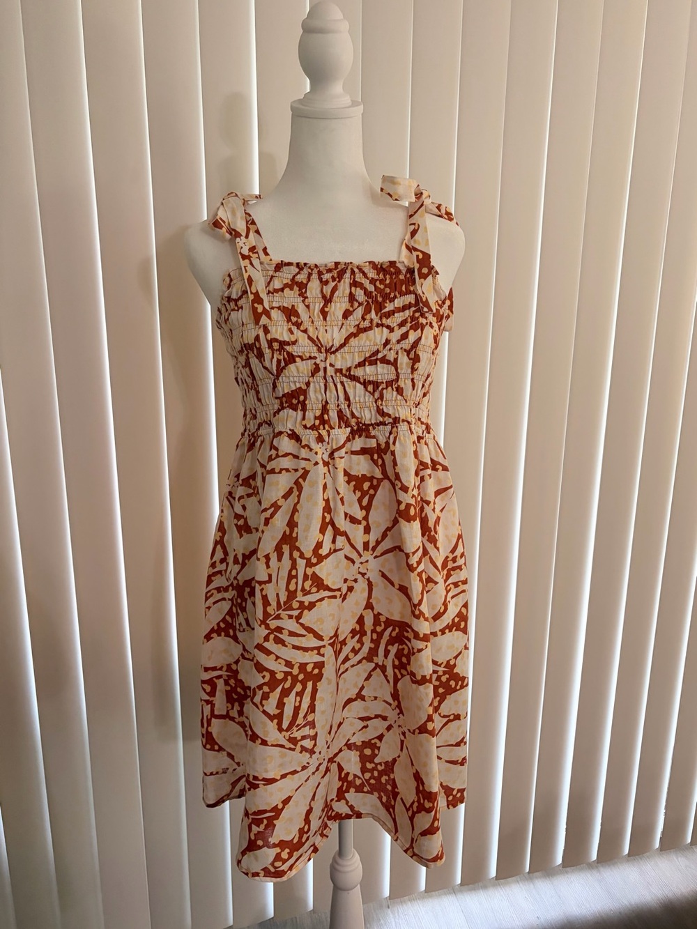 Nicole Miller Rust and Cream Smocked Sundress with Tie Straps